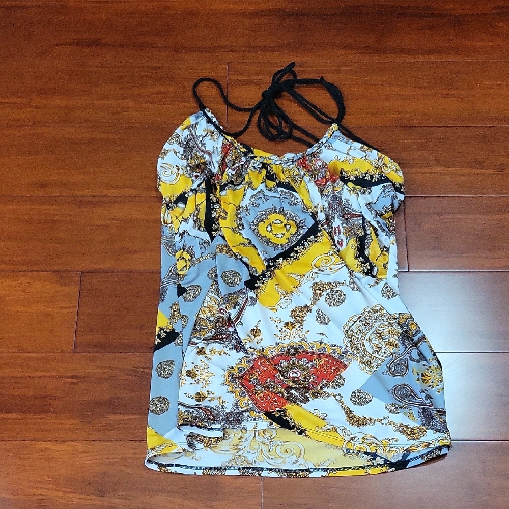 Milano Yellow and Black Ruched Tie Front Halter.  Built In Bra.